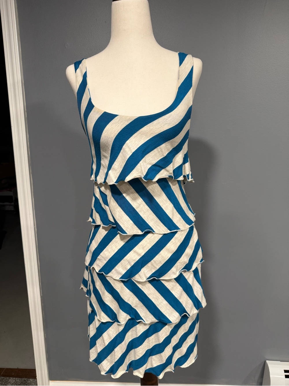 Velvet Torch Teal and Cream Diagonal Tiered Tank Dress SMALL